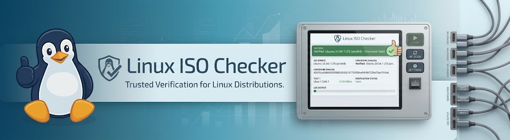 Linux ISO Checker with a verification dashboard and Linux penguin